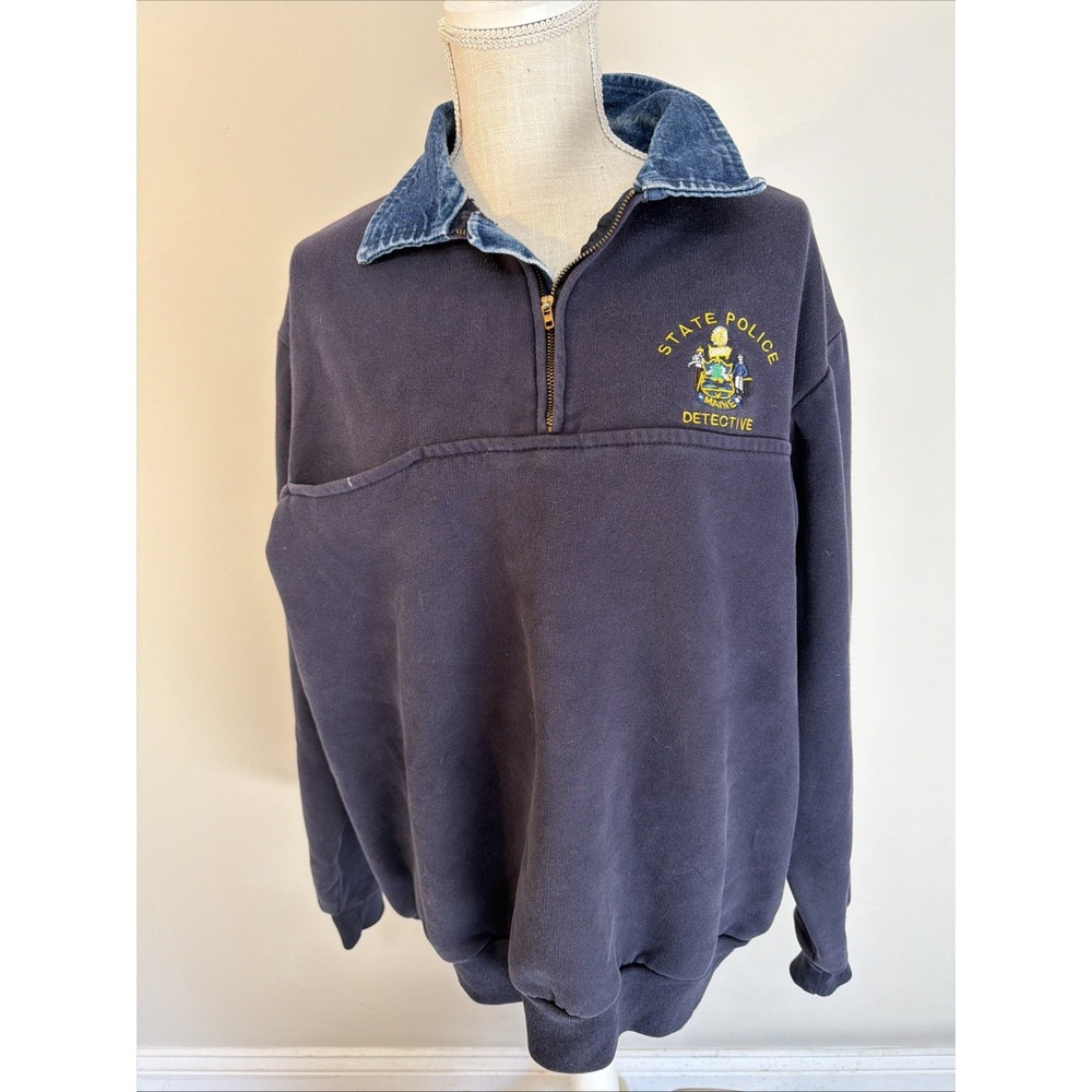 Vintage Maine Police Thick Sweatshirt Denim Collar Quarter Zip Detective XL